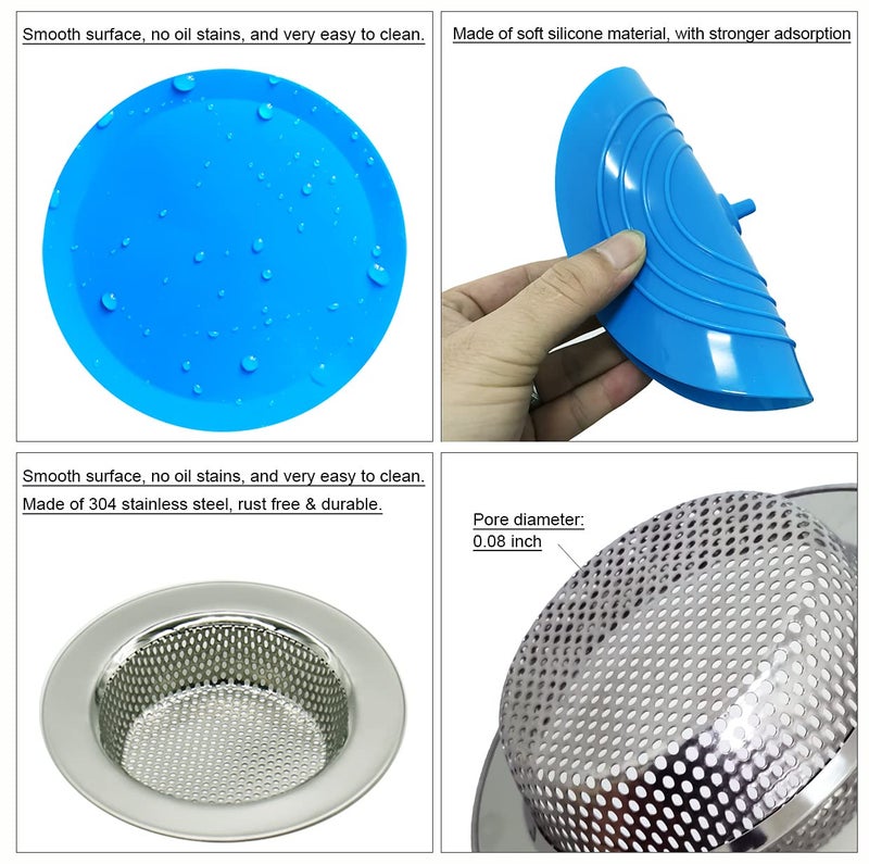 Seatery 4PCS Kitchen Sink Strainer Stopper Kit, Universal Silicone Sink Drain Plug Cover, Drain Water Stopper, 4.5 Inch Stainless Steel Sink Drain Strainer, Food Debris Catcher for Kitchen - Image 4